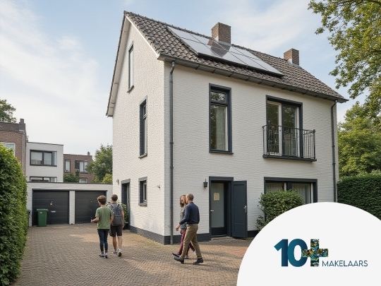 Een modern wit geschilderd huis met een hellend dak voorzien van zonnepanelen, omgeven door een betegelde oprit en groene heggen. Voor het huis lopen vier mensen, waarvan er twee met een rugzak richting de garagedeur lopen. De sfeer is rustig en